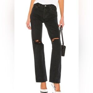 New Re/Done Black Straight Leg Jeans Distressed 70s Stove Pipe Faded Coal Rips